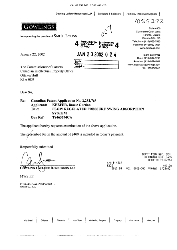 Canadian Patent Document 2252763. Prosecution-Amendment 20020123. Image 1 of 1