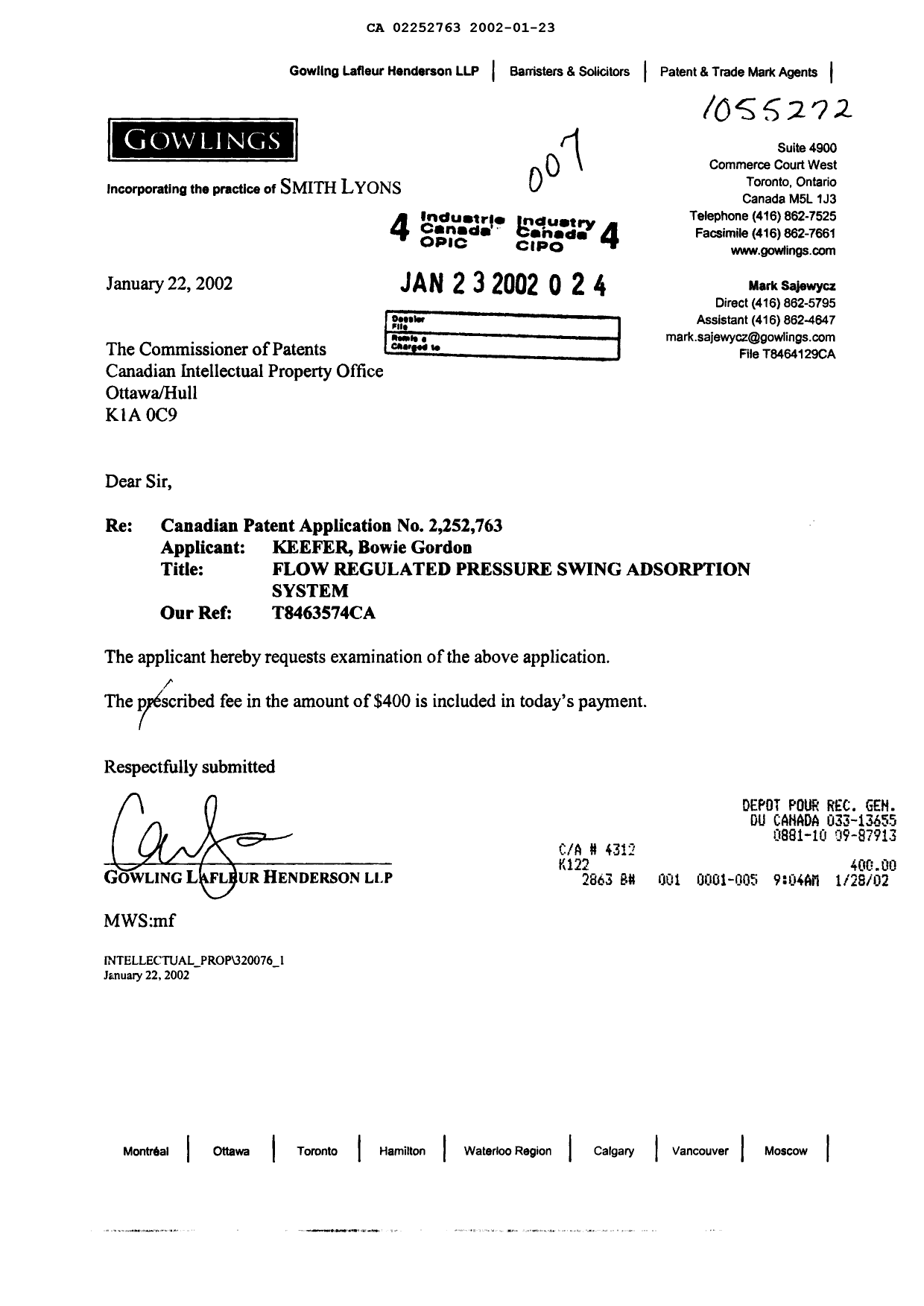 Canadian Patent Document 2252763. Prosecution-Amendment 20020123. Image 1 of 1