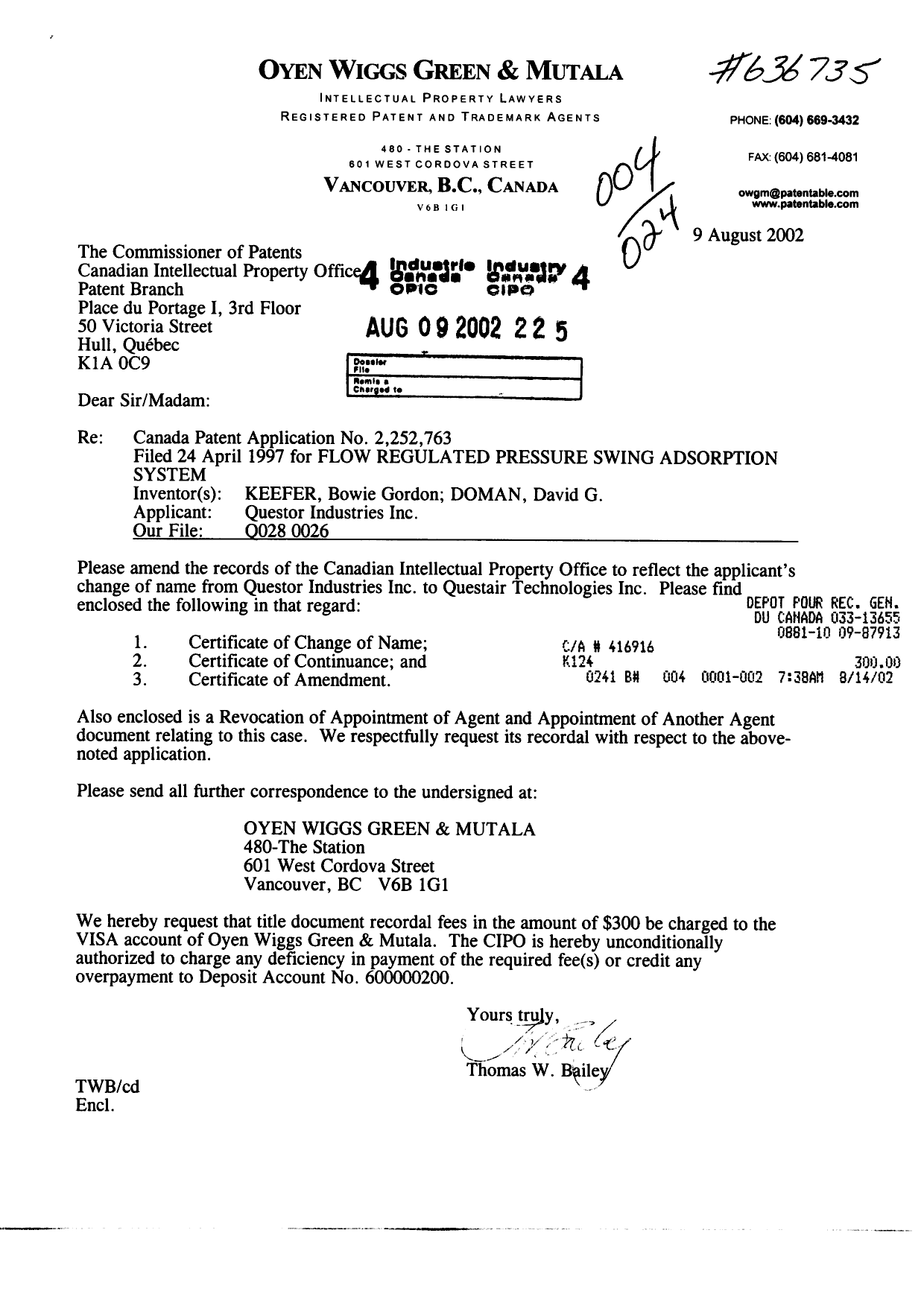 Canadian Patent Document 2252763. Correspondence 20020809. Image 1 of 2