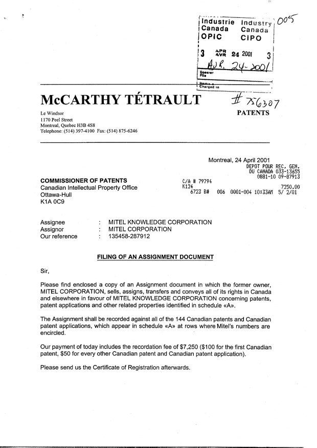 Document de brevet canadien 2252788. Cession 20010424. Image 1 de 37