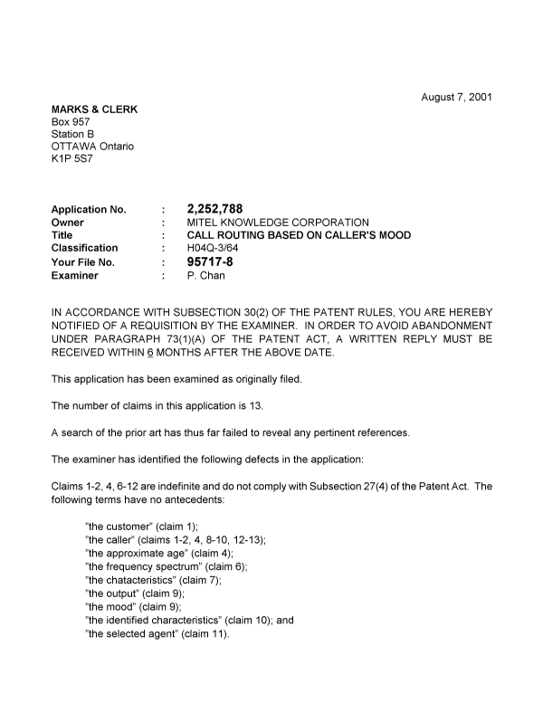 Document de brevet canadien 2252788. Poursuite-Amendment 20010807. Image 1 de 2