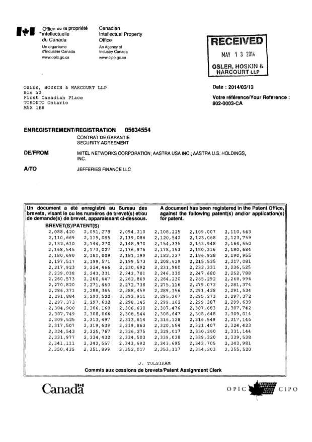 Document de brevet canadien 2252788. Cession 20150504. Image 2 de 14