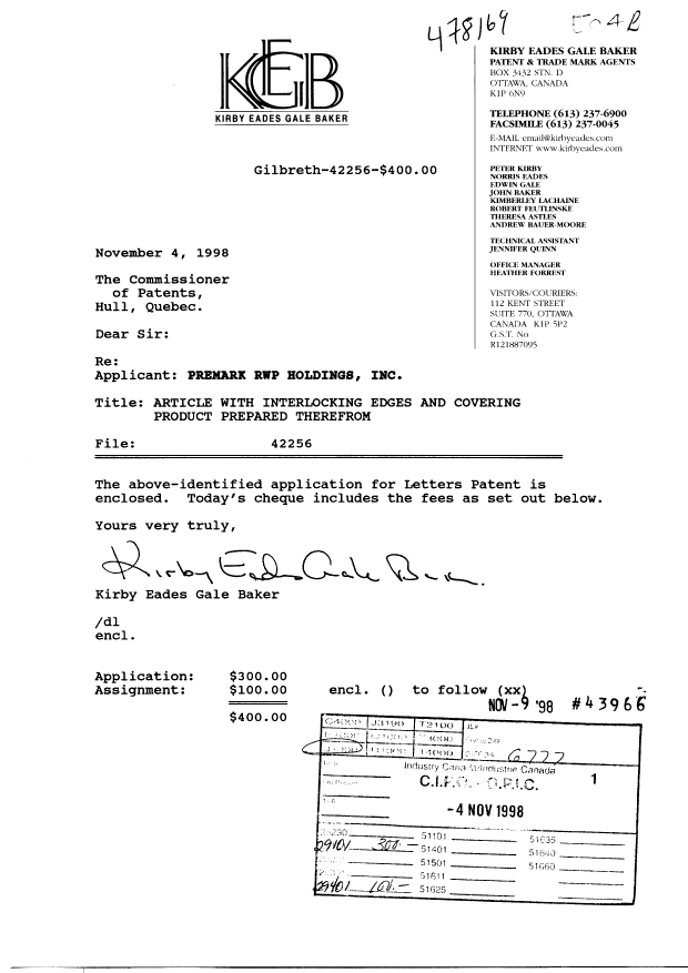 Canadian Patent Document 2252791. Assignment 19981104. Image 1 of 2