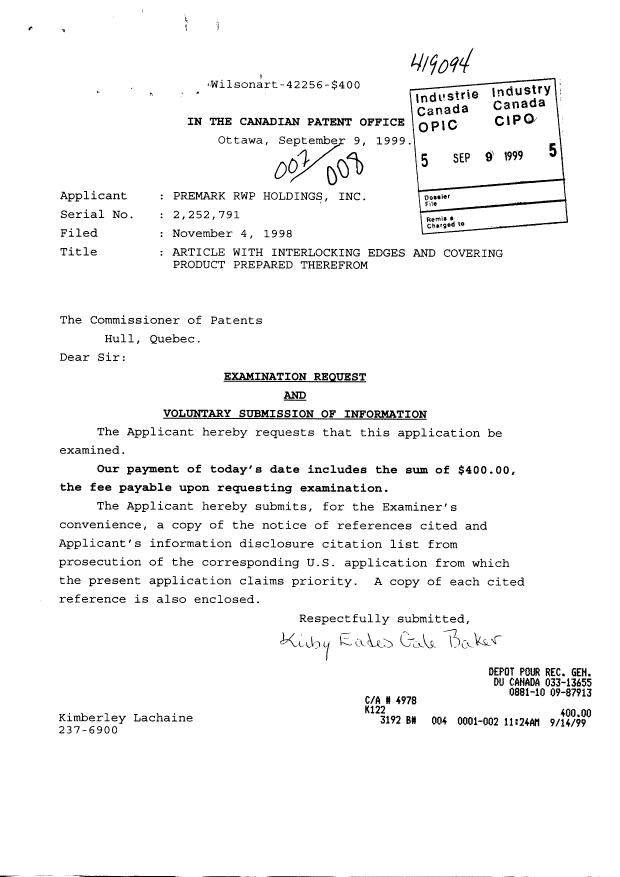 Canadian Patent Document 2252791. Prosecution-Amendment 19990909. Image 1 of 1