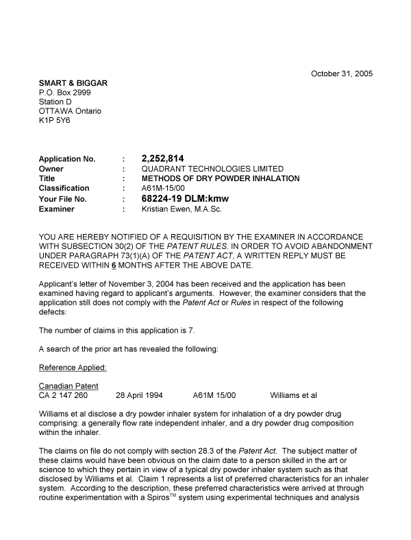 Document de brevet canadien 2252814. Poursuite-Amendment 20051031. Image 1 de 2