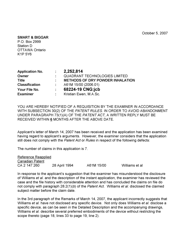 Document de brevet canadien 2252814. Poursuite-Amendment 20071005. Image 1 de 4