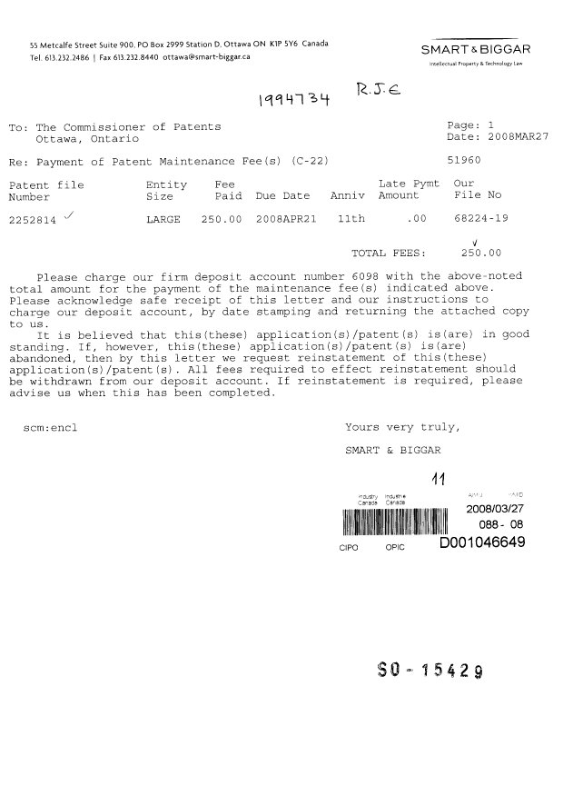 Document de brevet canadien 2252814. Taxes 20080327. Image 1 de 1