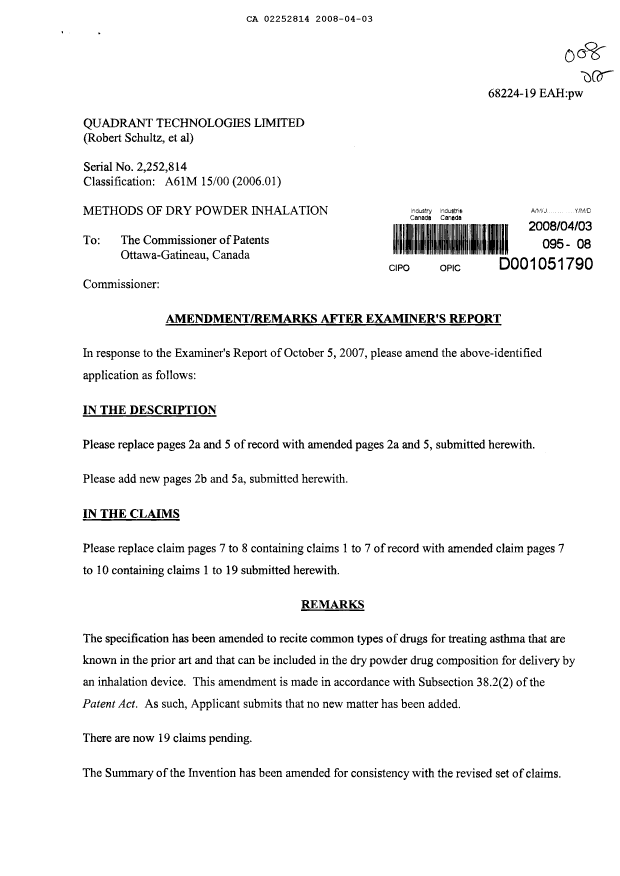 Document de brevet canadien 2252814. Poursuite-Amendment 20080403. Image 1 de 15