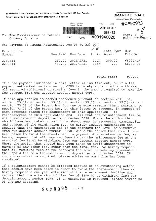 Document de brevet canadien 2252814. Taxes 20120307. Image 1 de 3