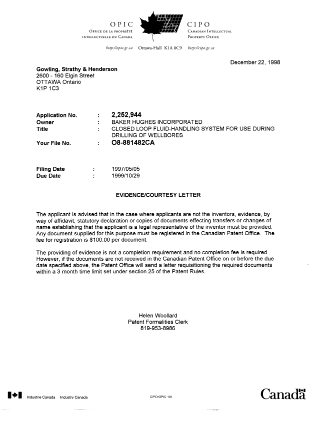 Document de brevet canadien 2252944. Correspondance 19981222. Image 1 de 1