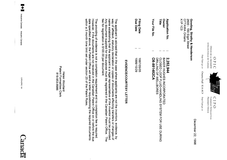 Canadian Patent Document 2252944. Correspondence 19981222. Image 1 of 1