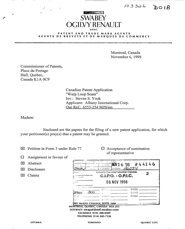 Document de brevet canadien 2253048. Cession 19981106. Image 1 de 4