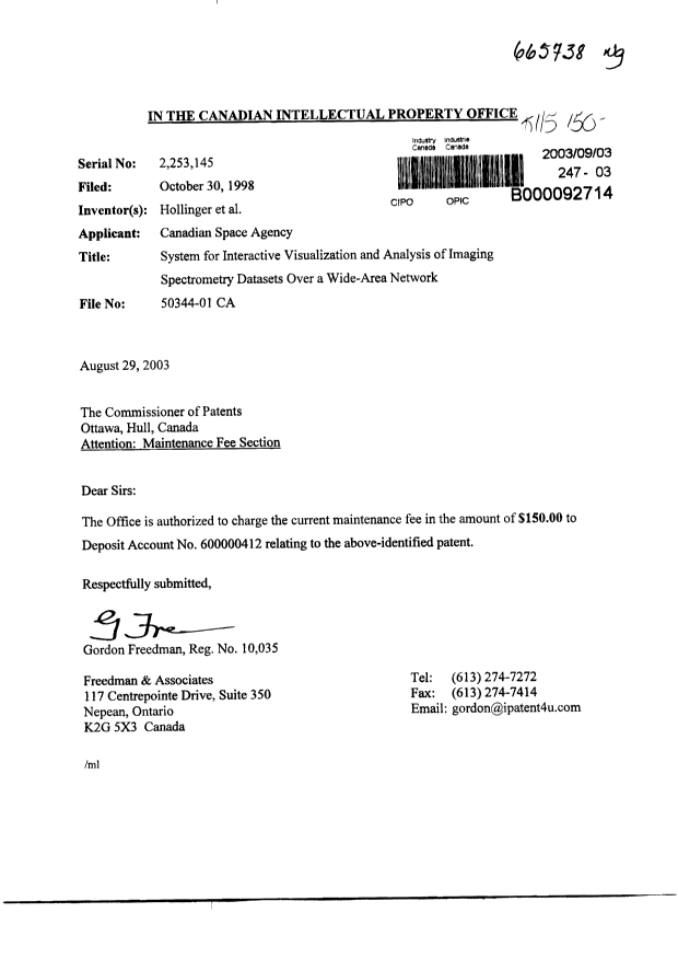 Document de brevet canadien 2253145. Taxes 20021203. Image 1 de 1