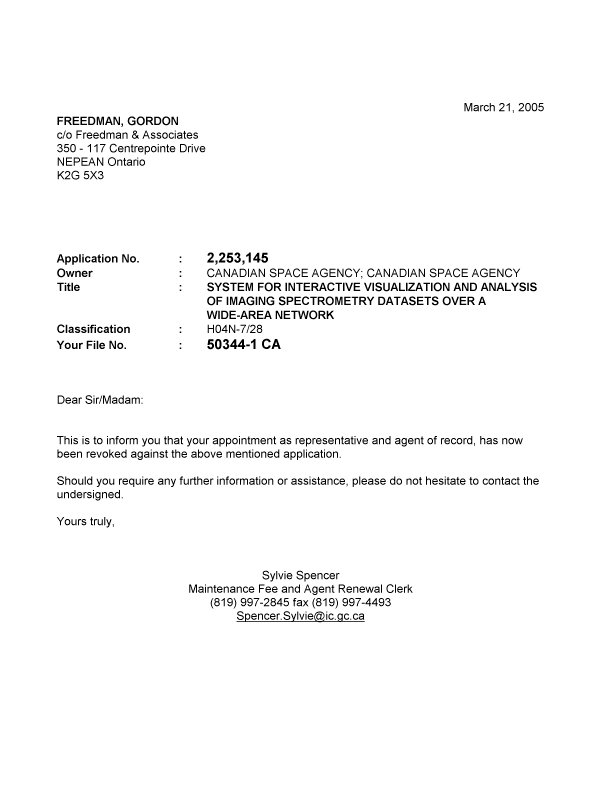 Document de brevet canadien 2253145. Correspondance 20041221. Image 1 de 1