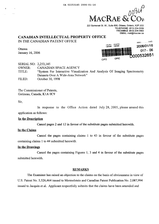 Document de brevet canadien 2253145. Poursuite-Amendment 20051216. Image 1 de 21