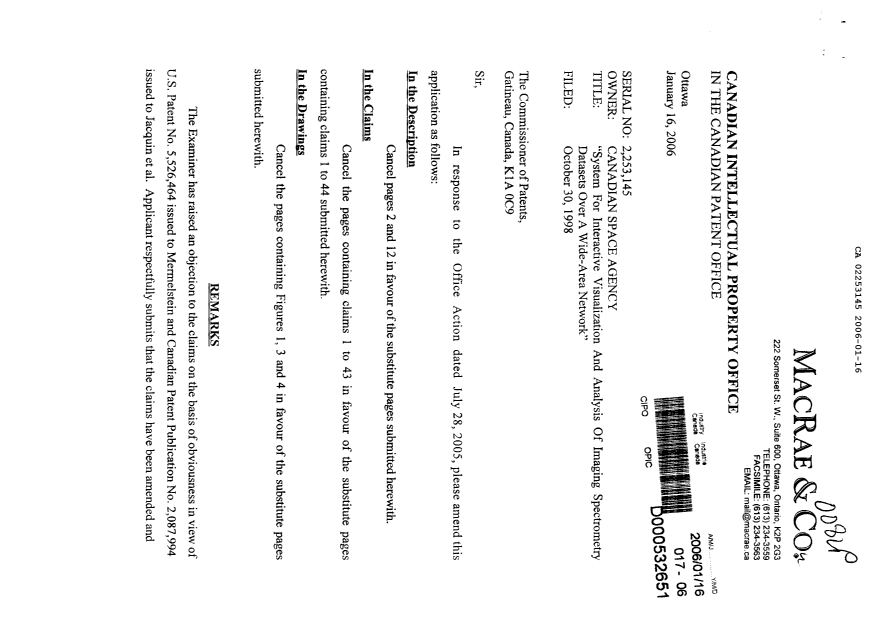 Document de brevet canadien 2253145. Poursuite-Amendment 20051216. Image 1 de 21