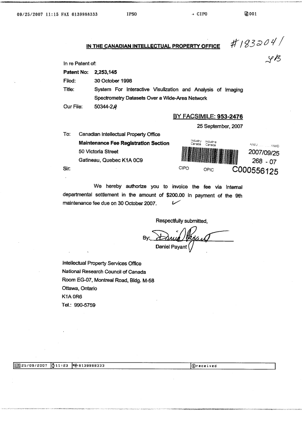 Document de brevet canadien 2253145. Taxes 20061225. Image 1 de 1