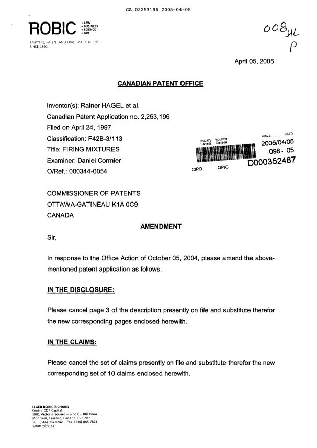 Canadian Patent Document 2253196. Prosecution-Amendment 20050405. Image 1 of 9
