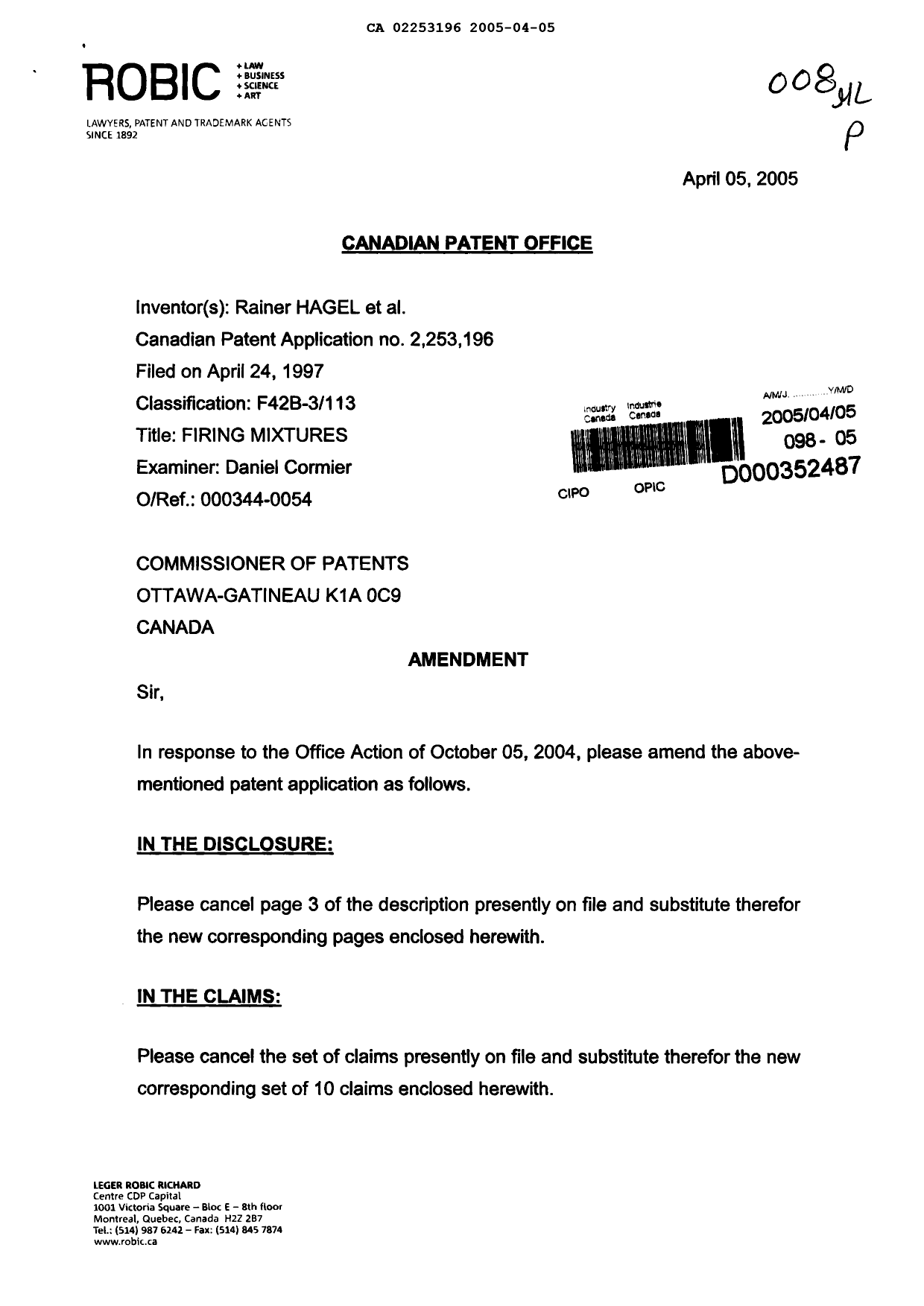 Canadian Patent Document 2253196. Prosecution-Amendment 20050405. Image 1 of 9