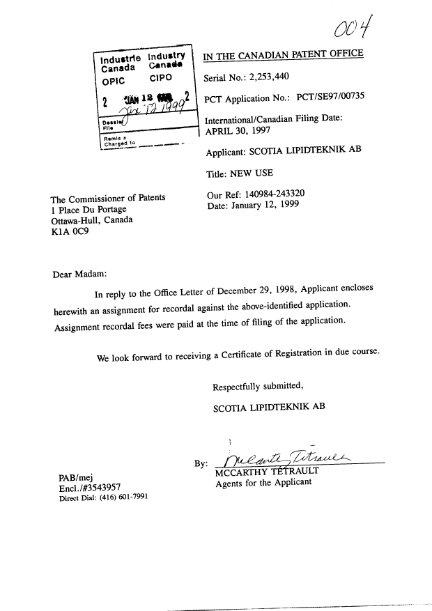 Canadian Patent Document 2253440. Assignment 19990112. Image 1 of 2