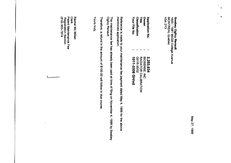 Document de brevet canadien 2253634. Correspondance 19990527. Image 1 de 1