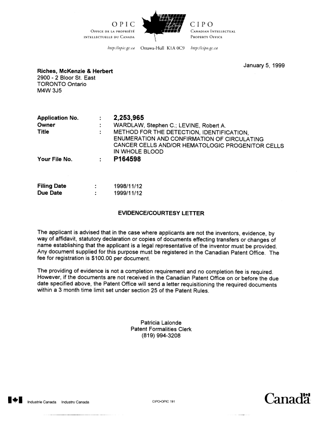 Document de brevet canadien 2253965. Correspondance 19990105. Image 1 de 1
