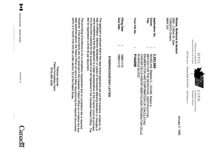 Canadian Patent Document 2253965. Correspondence 19990105. Image 1 of 1