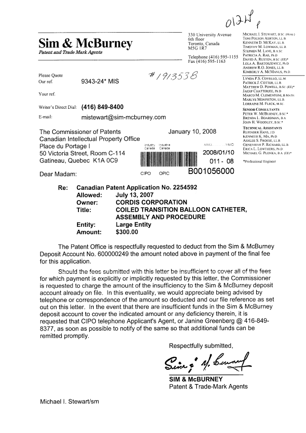 Canadian Patent Document 2254592. Correspondence 20080110. Image 1 of 1