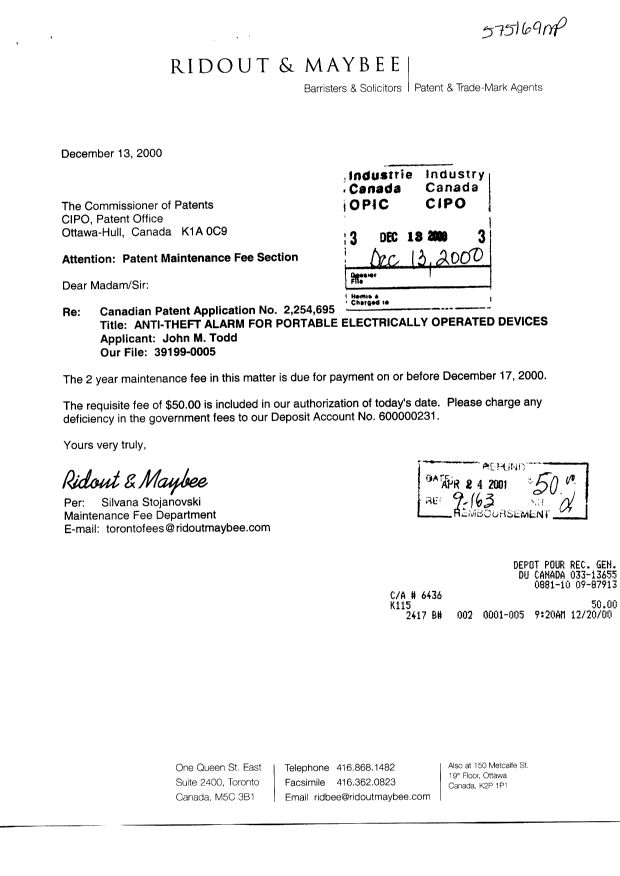 Document de brevet canadien 2254695. Correspondance 20001213. Image 1 de 2