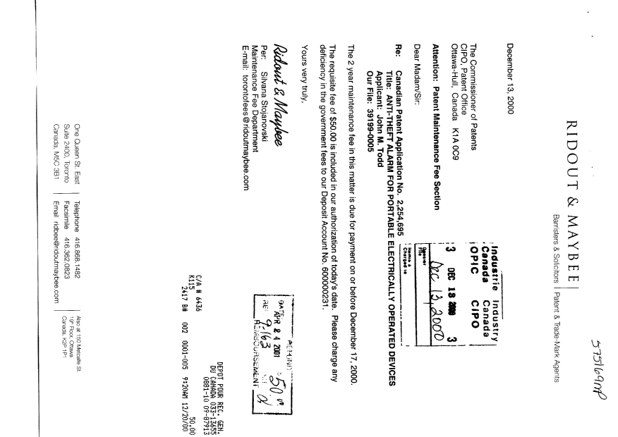 Canadian Patent Document 2254695. Correspondence 20001213. Image 1 of 2