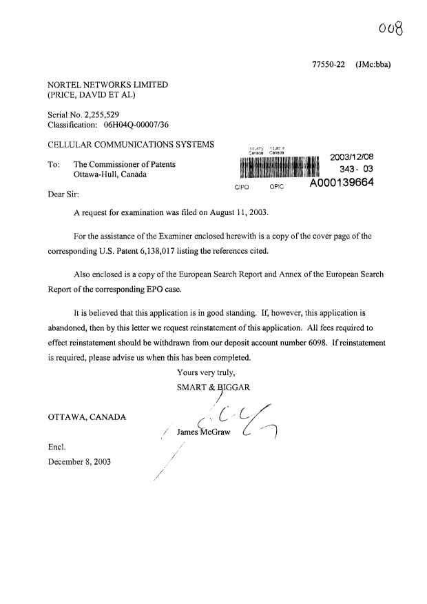Canadian Patent Document 2255529. Prosecution-Amendment 20031208. Image 1 of 1