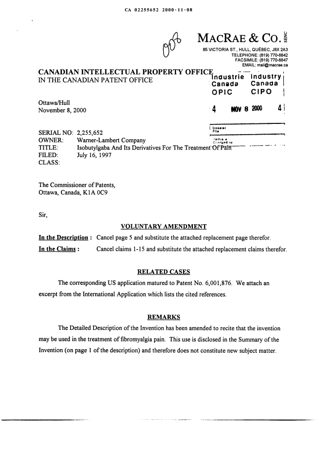 Canadian Patent Document 2255652. Prosecution-Amendment 19991208. Image 1 of 6