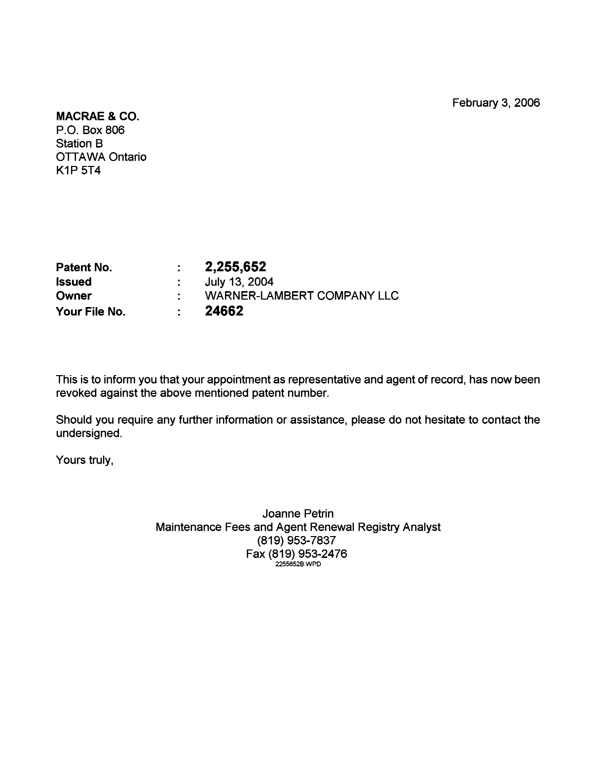 Document de brevet canadien 2255652. Correspondance 20051203. Image 1 de 1
