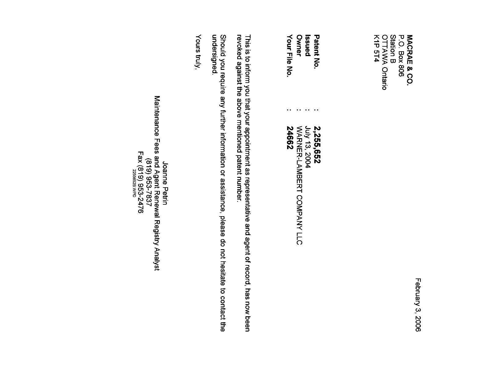 Canadian Patent Document 2255652. Correspondence 20051203. Image 1 of 1