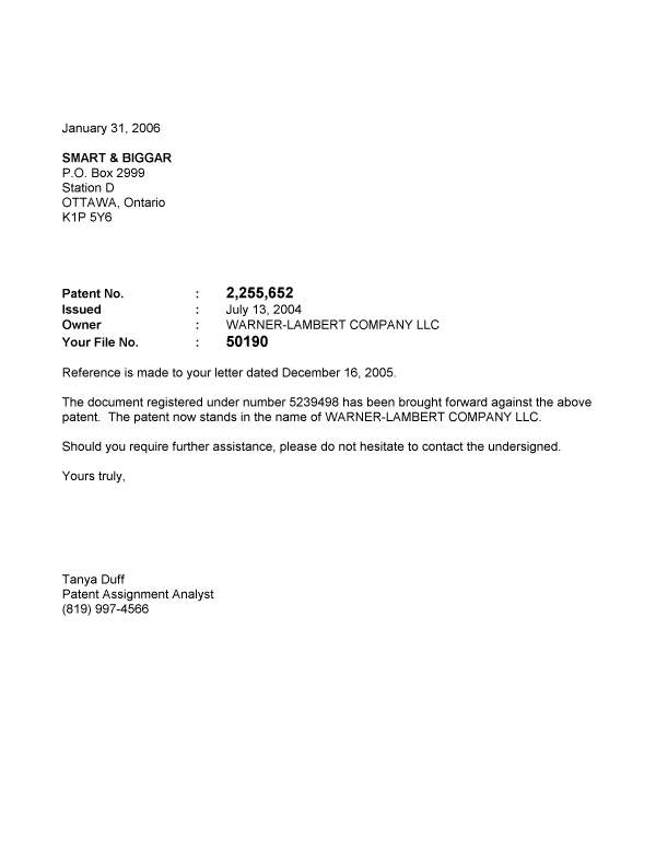 Canadian Patent Document 2255652. Correspondence 20051231. Image 1 of 1