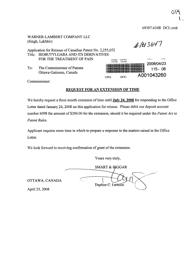 Canadian Patent Document 2255652. Correspondence 20071223. Image 1 of 1