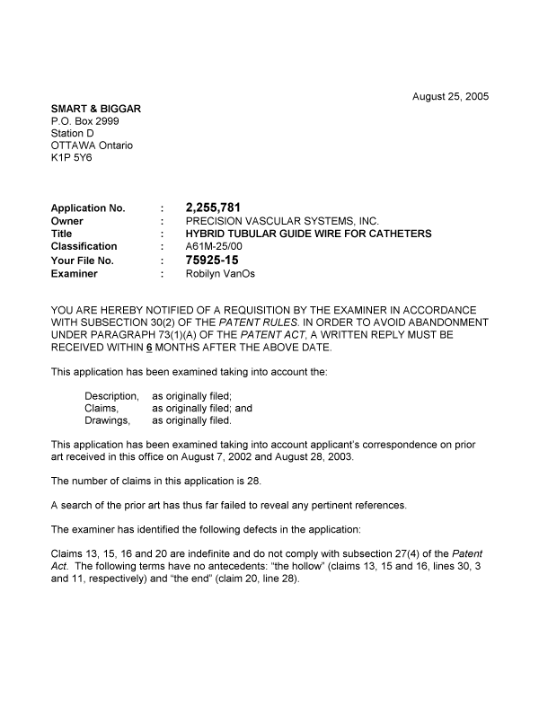 Canadian Patent Document 2255781. Prosecution-Amendment 20050825. Image 1 of 2