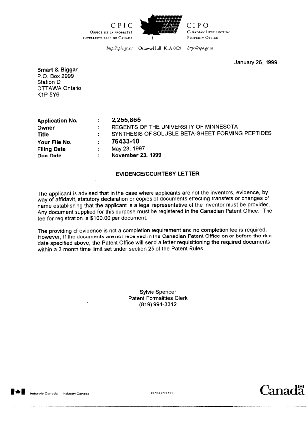 Canadian Patent Document 2255865. Correspondence 19981226. Image 1 of 1