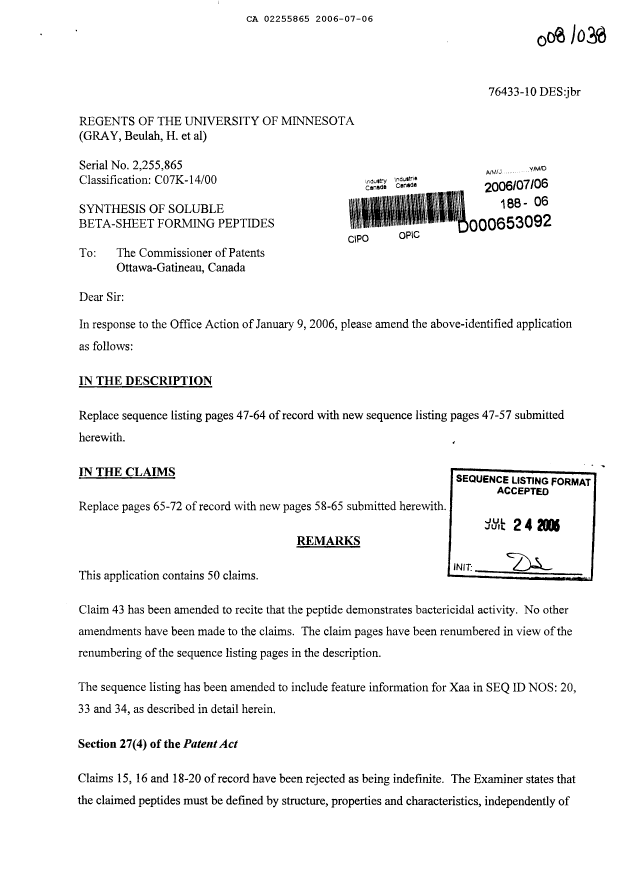 Canadian Patent Document 2255865. Prosecution-Amendment 20051206. Image 1 of 24
