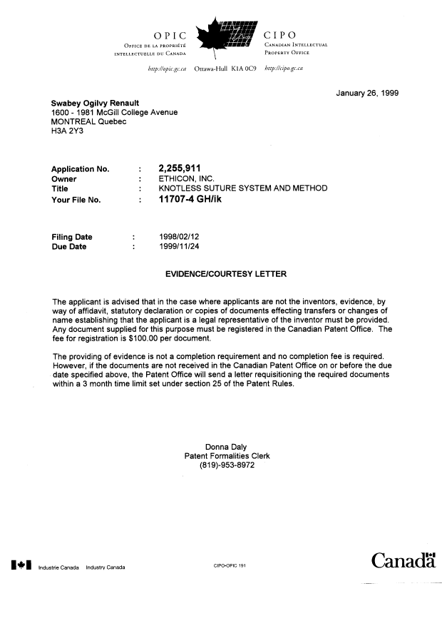 Canadian Patent Document 2255911. Correspondence 19981226. Image 1 of 1