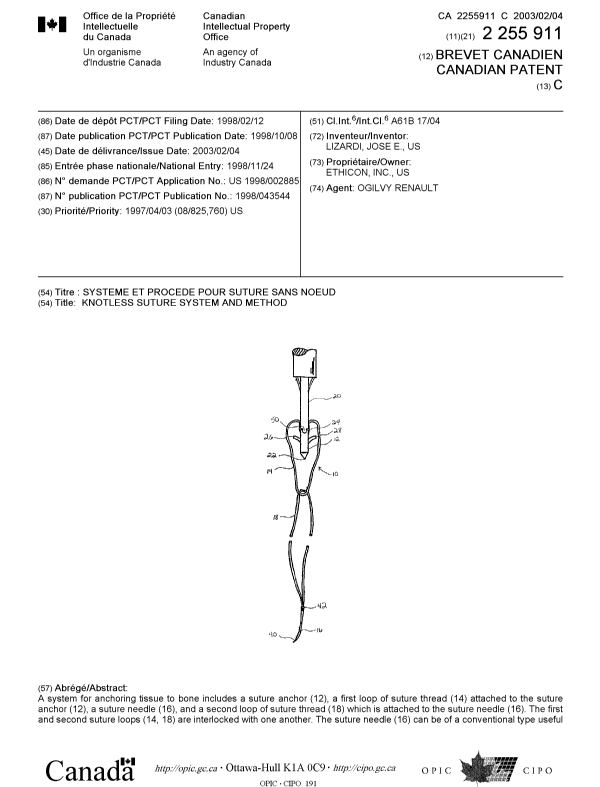 Canadian Patent Document 2255911. Cover Page 20021203. Image 1 of 2
