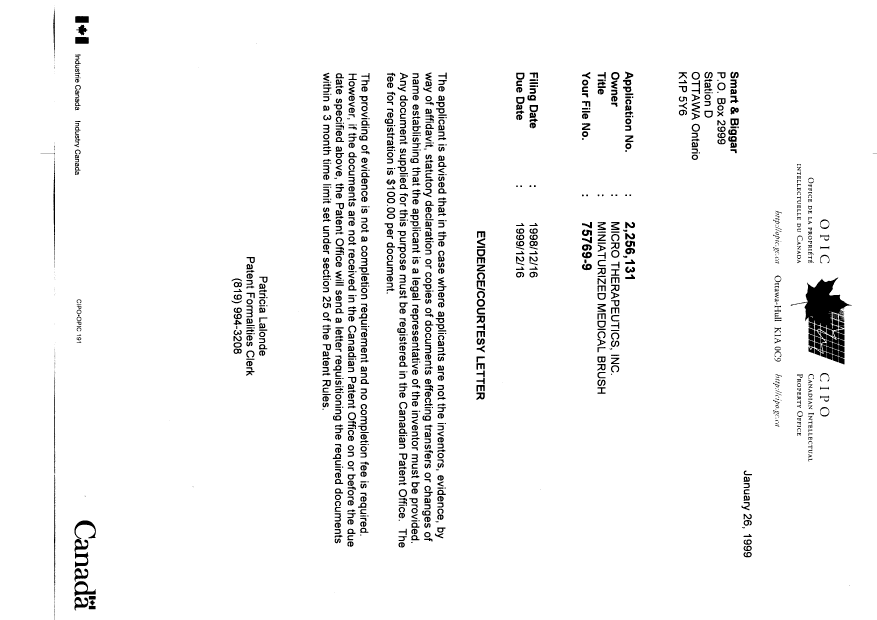 Canadian Patent Document 2256131. Correspondence 19990126. Image 1 of 1