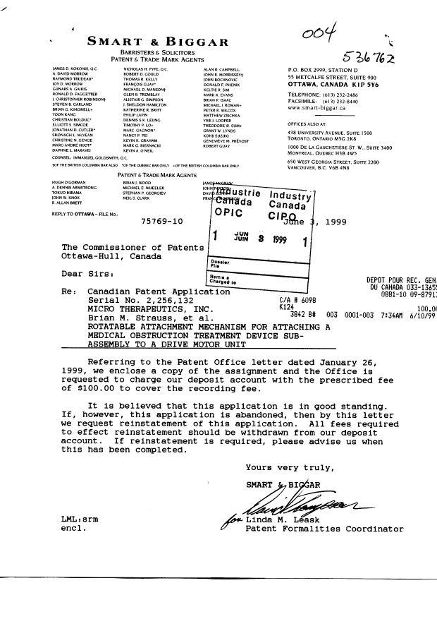Document de brevet canadien 2256132. Cession 19981203. Image 1 de 8