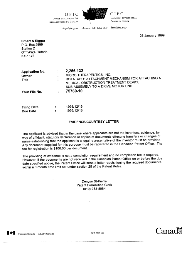 Document de brevet canadien 2256132. Cession 19981226. Image 1 de 1