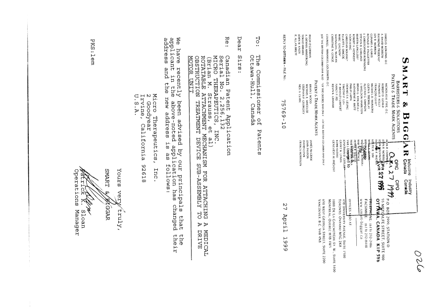 Canadian Patent Document 2256132. Correspondence 19981227. Image 1 of 1