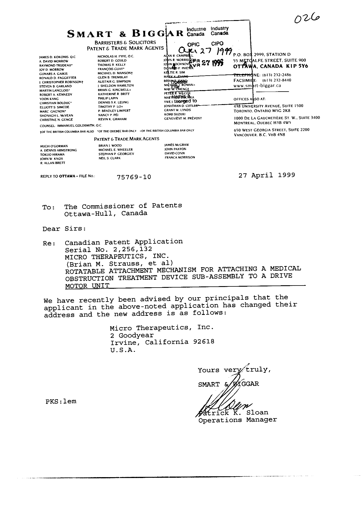 Canadian Patent Document 2256132. Correspondence 19981227. Image 1 of 1