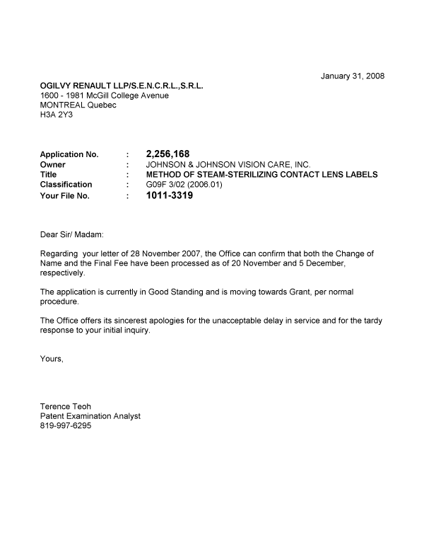 Document de brevet canadien 2256168. Correspondance 20080131. Image 1 de 1