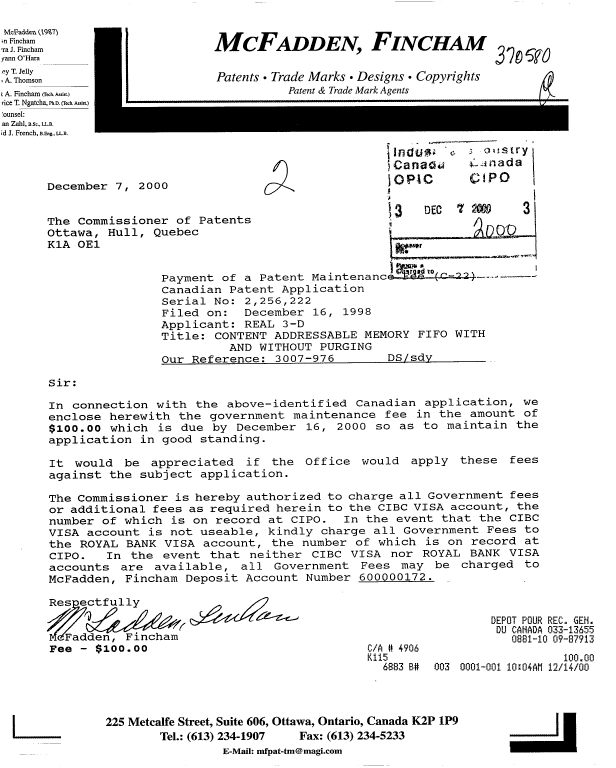 Document de brevet canadien 2256222. Taxes 20001207. Image 1 de 1