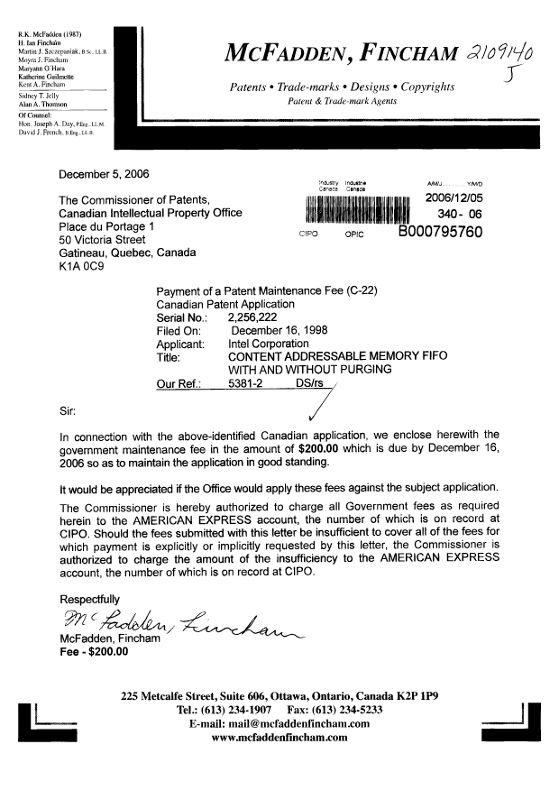 Document de brevet canadien 2256222. Taxes 20061205. Image 1 de 1