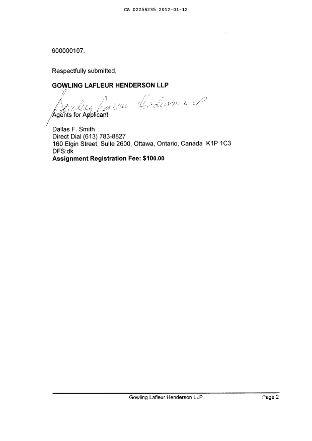 Canadian Patent Document 2256235. Assignment 20120112. Image 2 of 4